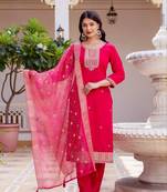 red chanderi embroidered kurta sets