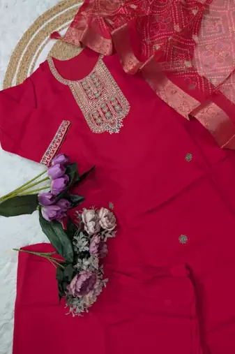 red chanderi embroidered kurta sets