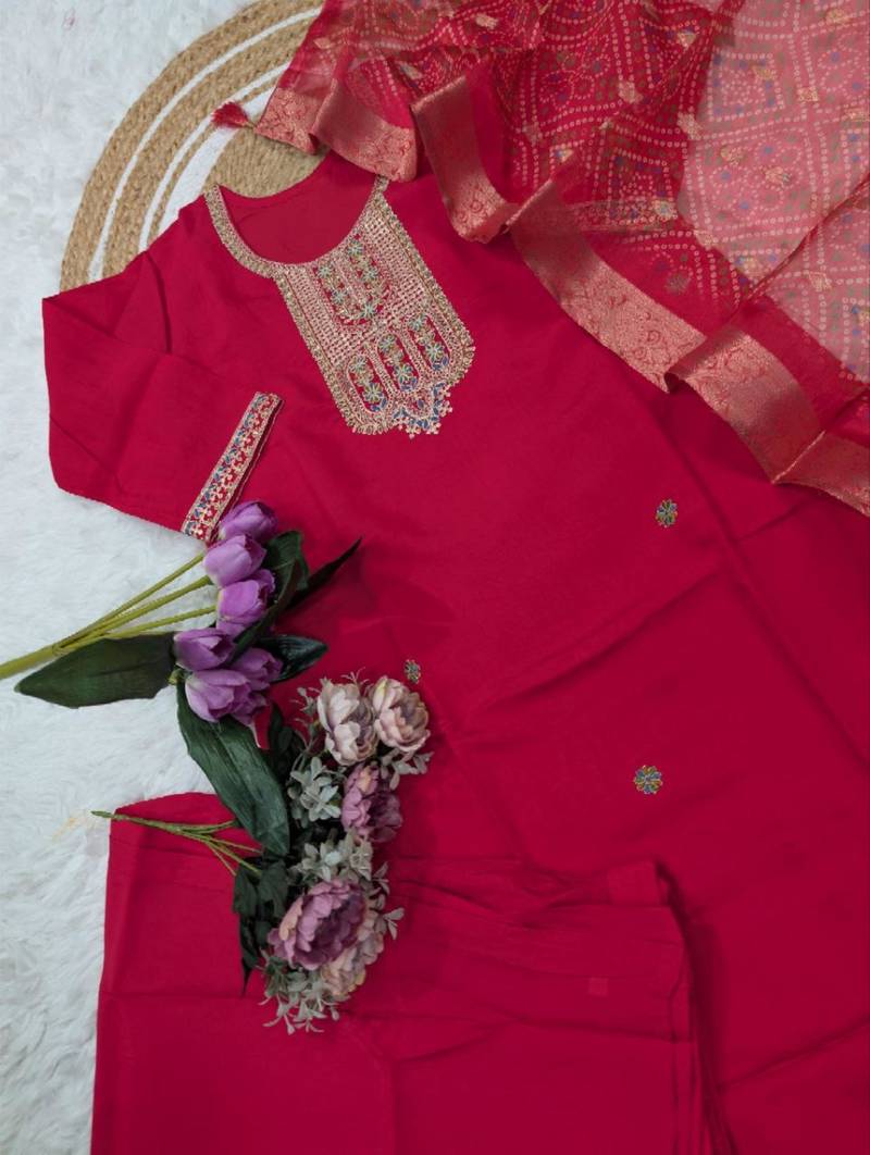 red chanderi embroidered kurta sets