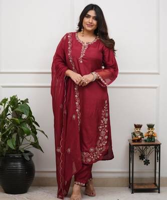dark red chanderi silk embroidered kurta sets 1