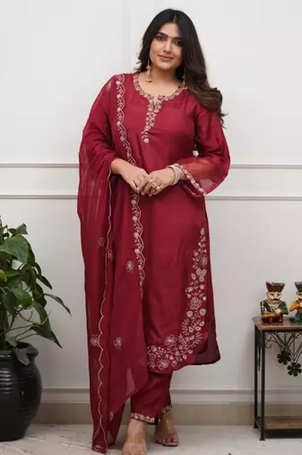 dark red chanderi silk embroidered kurta sets