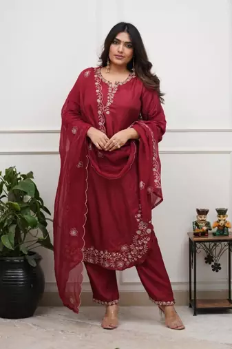 dark red chanderi silk embroidered kurta sets