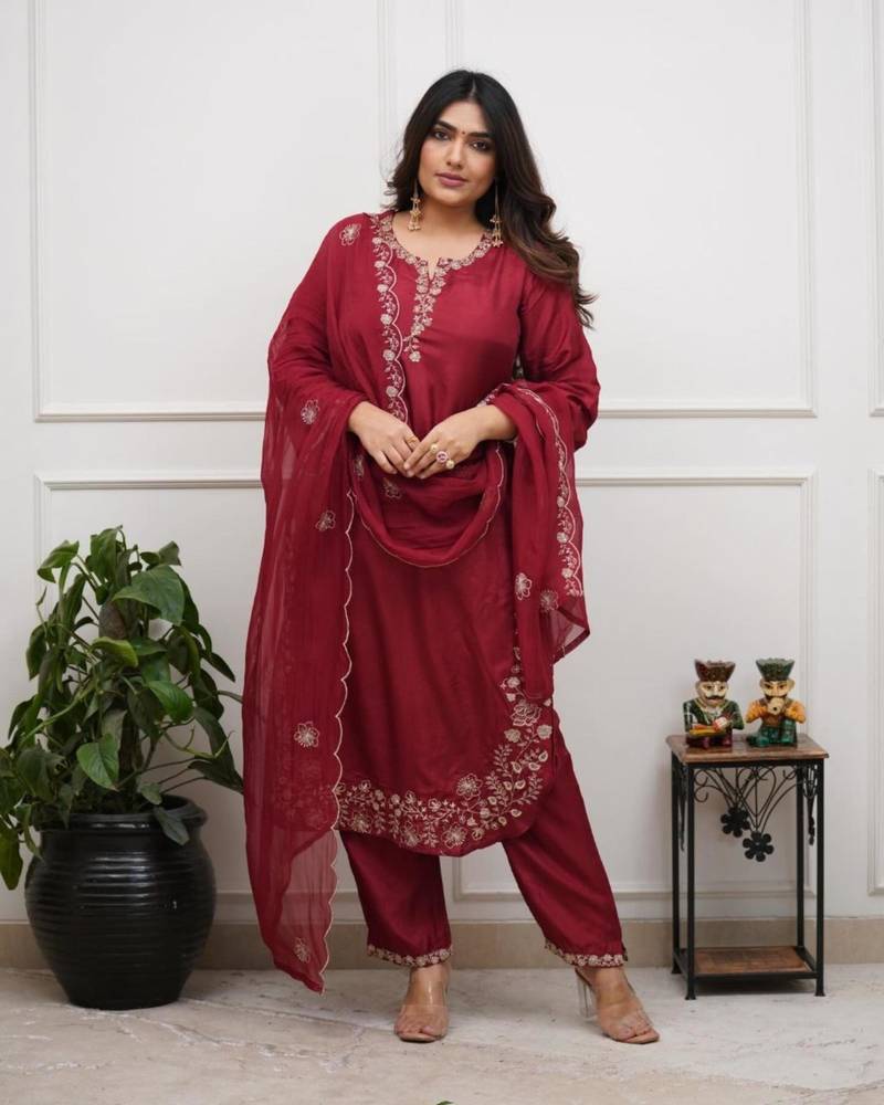 dark red chanderi silk embroidered kurta sets