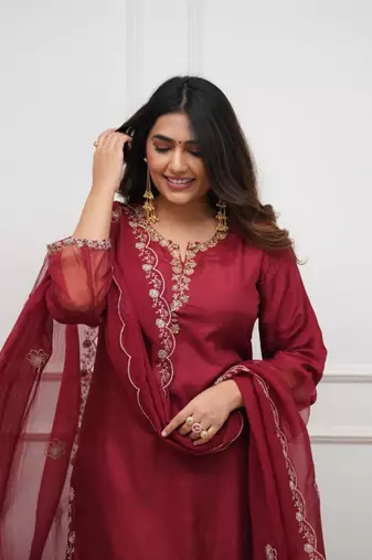 dark red chanderi silk embroidered kurta sets