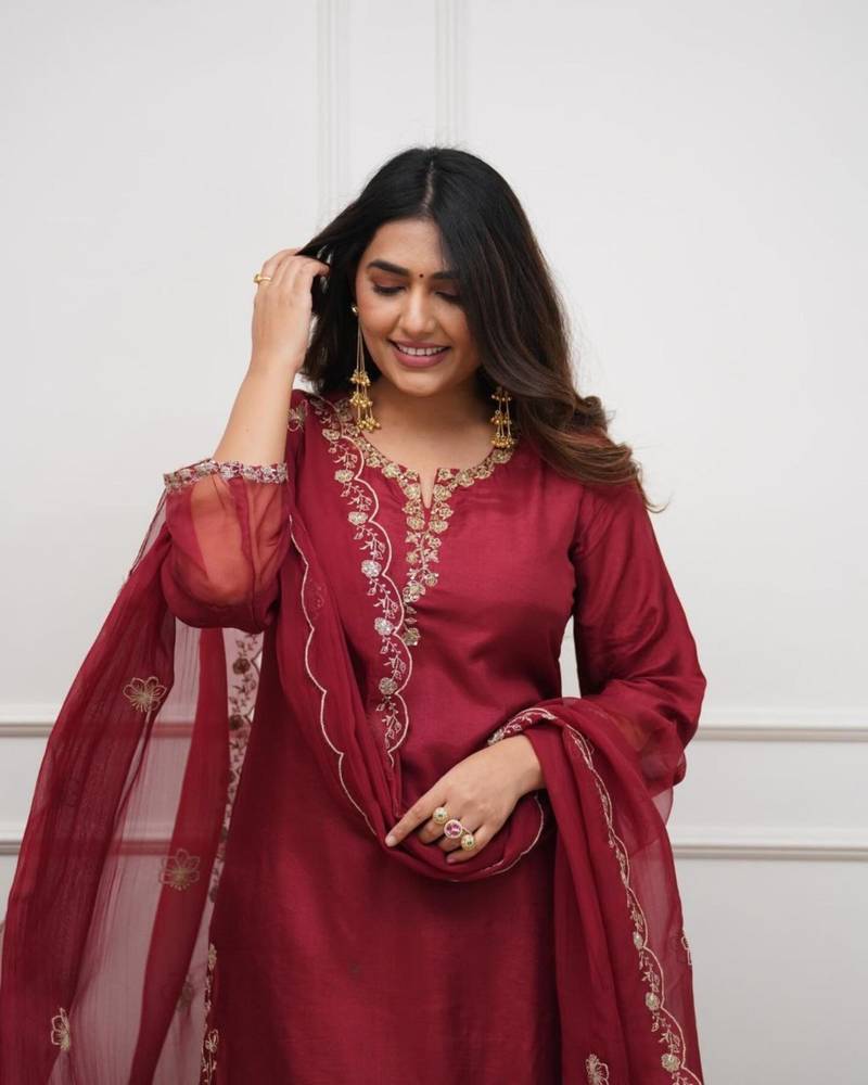 dark red chanderi silk embroidered kurta sets
