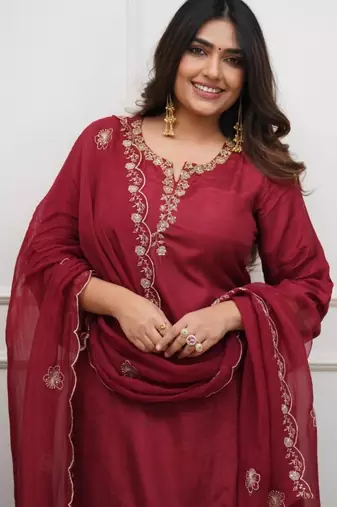 dark red chanderi silk embroidered kurta sets