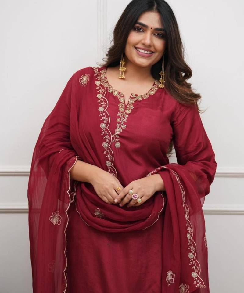 dark red chanderi silk embroidered kurta sets