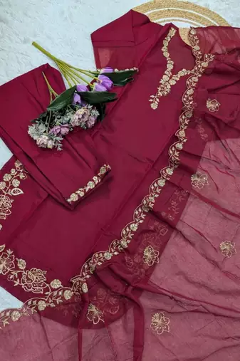 dark red chanderi silk embroidered kurta sets