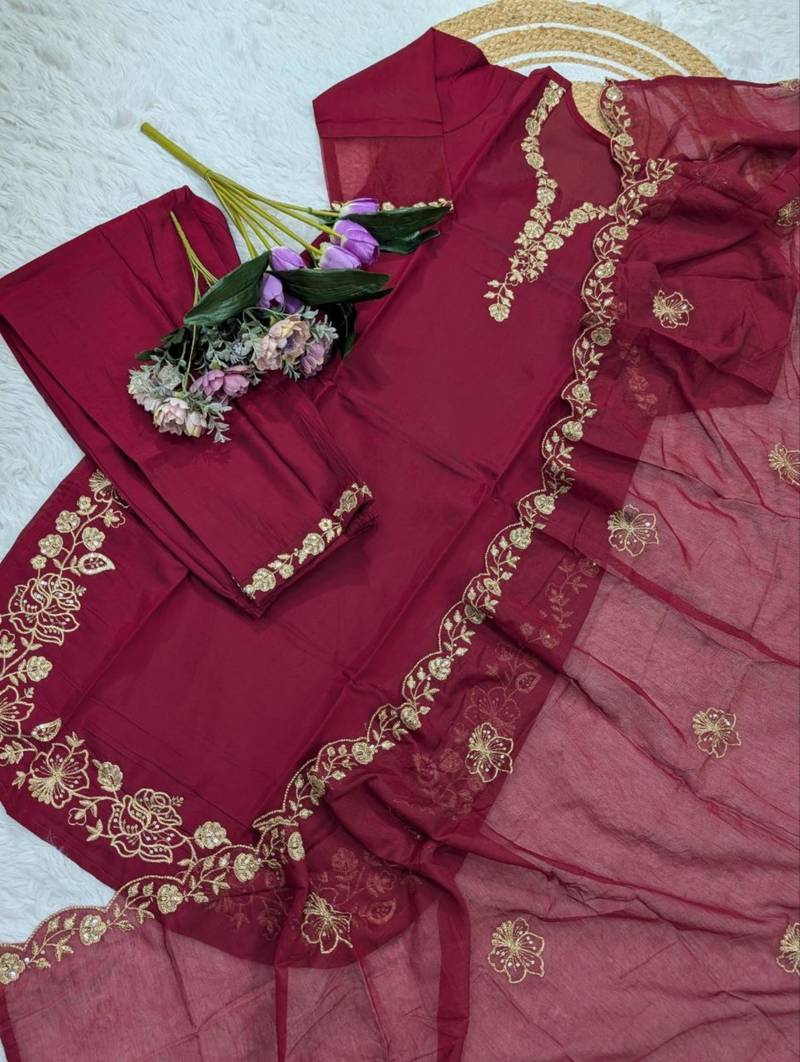 dark red chanderi silk embroidered kurta sets