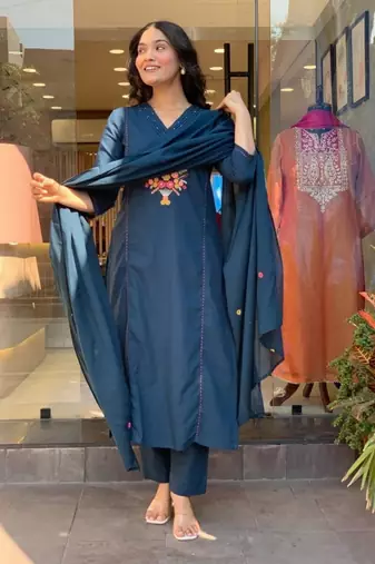 teal blue viscose rayon embroidered kurta sets