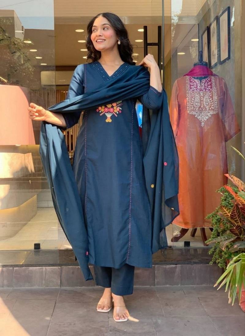 teal blue viscose rayon embroidered kurta sets