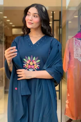 teal blue viscose rayon embroidered kurta sets