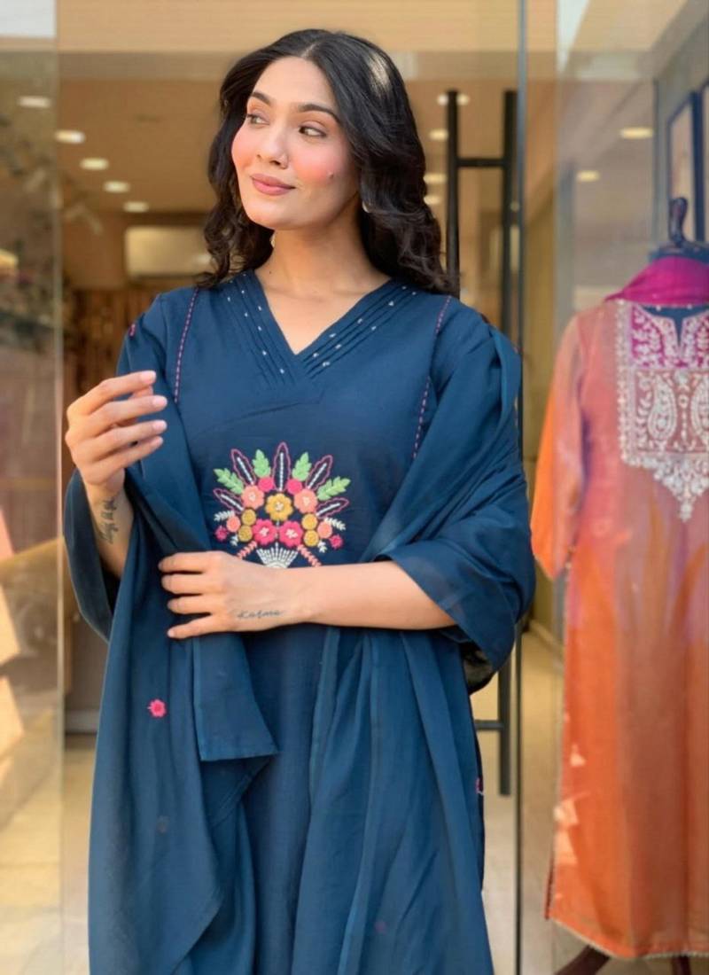 teal blue viscose rayon embroidered kurta sets
