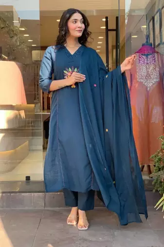 teal blue viscose rayon embroidered kurta sets