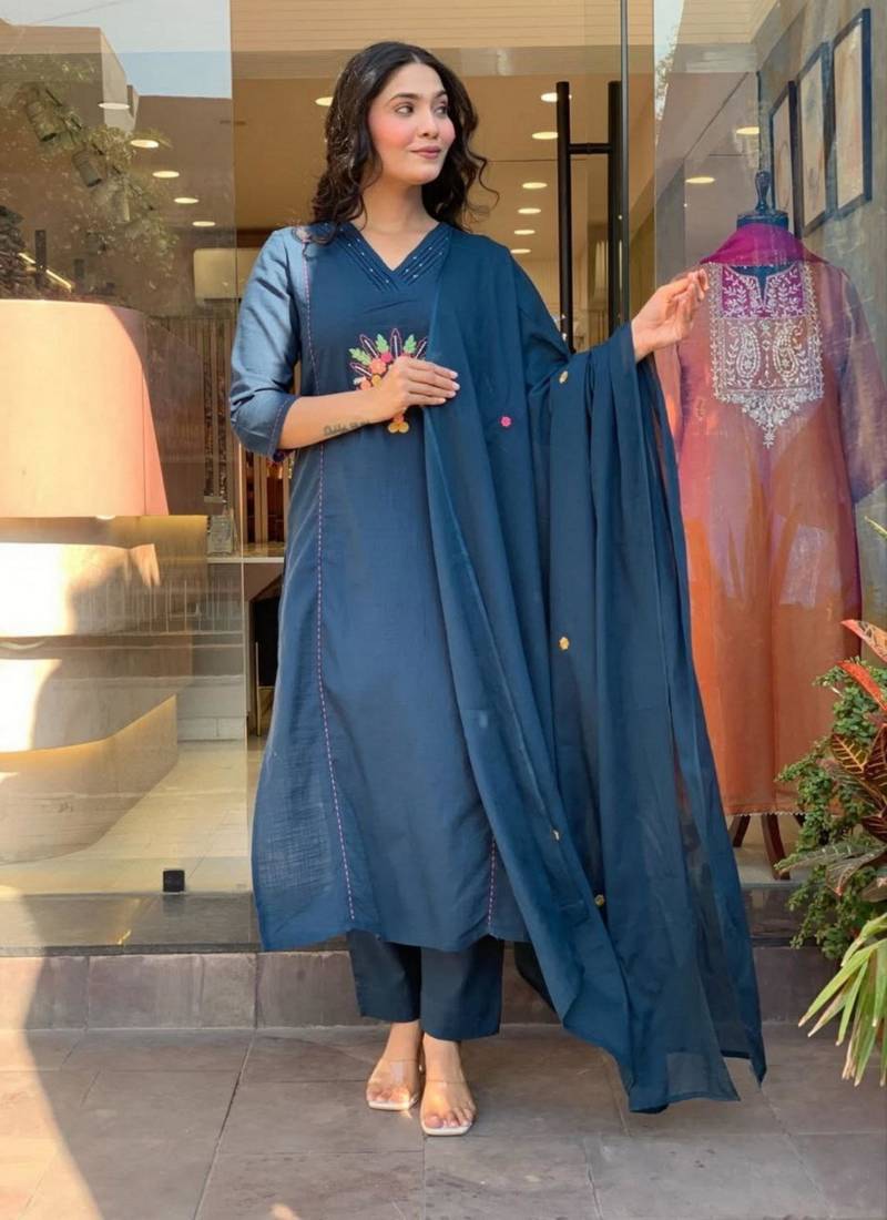 teal blue viscose rayon embroidered kurta sets