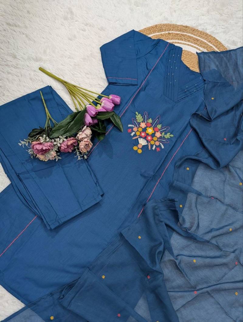 teal blue viscose rayon embroidered kurta sets