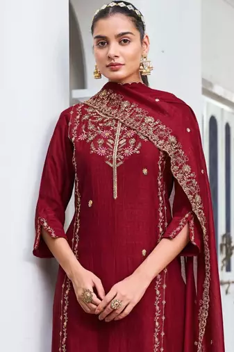red vichitra silk embroidered kurta sets