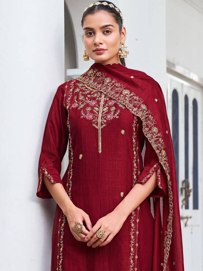 red vichitra silk embroidered kurta sets