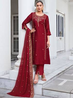 red vichitra silk embroidered kurta sets 1