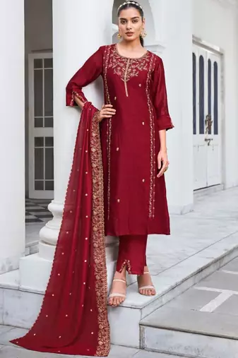 red vichitra silk embroidered kurta sets