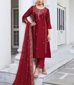 red vichitra silk embroidered kurta sets