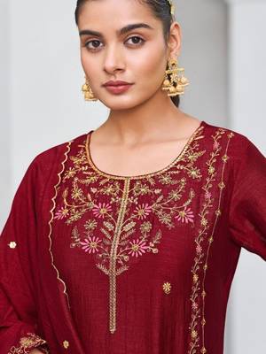 red vichitra silk embroidered kurta sets 3