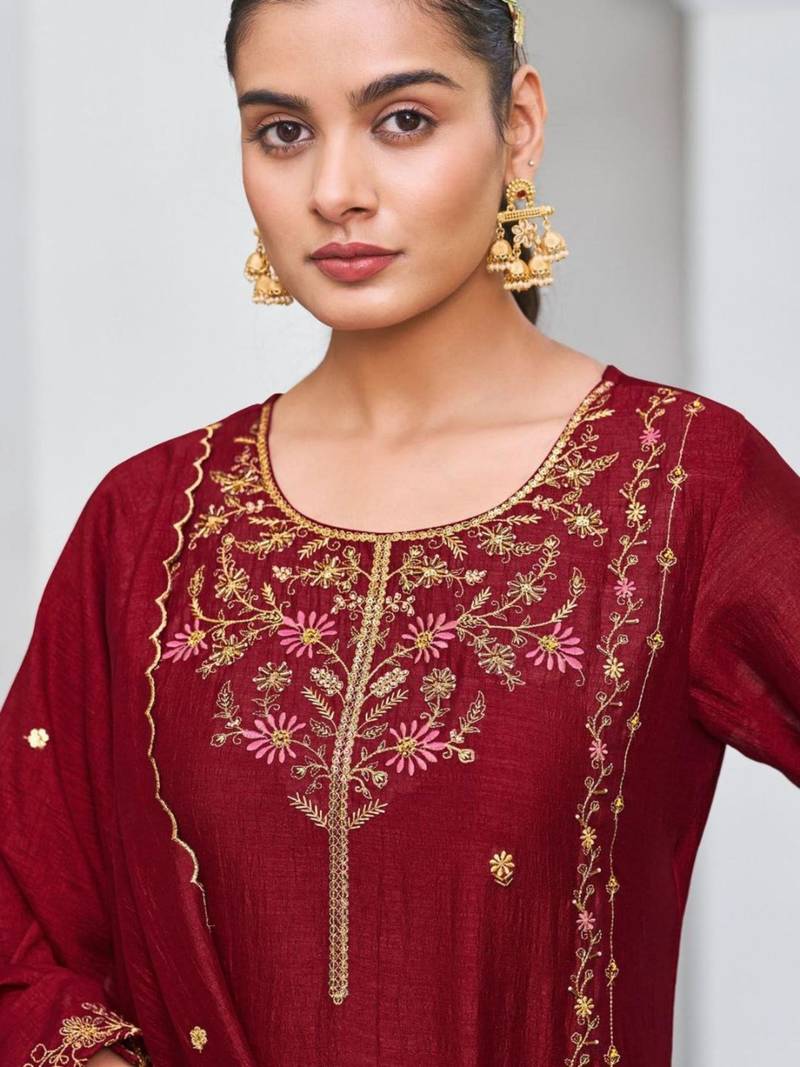 red vichitra silk embroidered kurta sets
