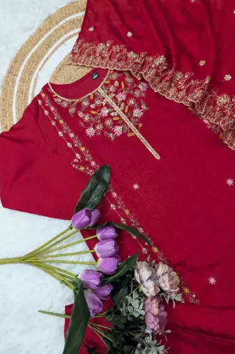 red vichitra silk embroidered kurta sets