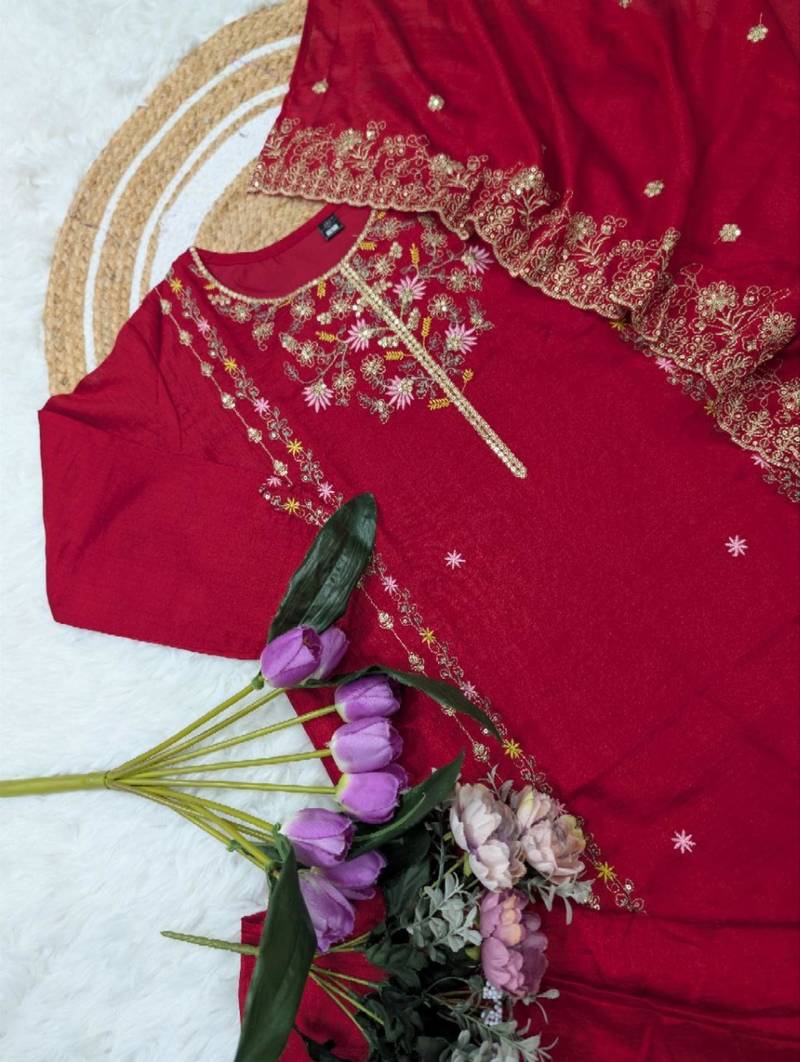 red vichitra silk embroidered kurta sets