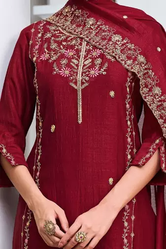 red vichitra silk embroidered kurta sets