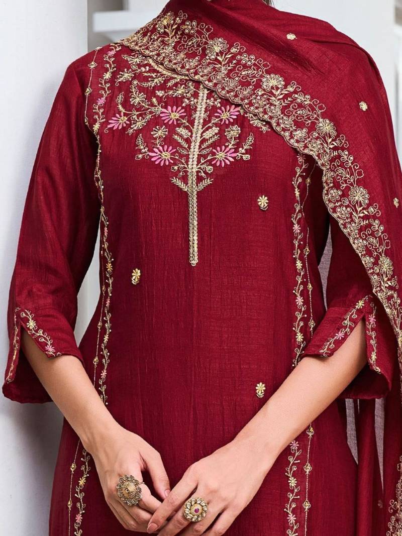 red vichitra silk embroidered kurta sets