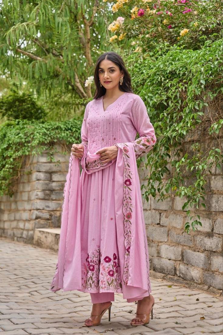 pink chanderi silk embroidered kurta sets