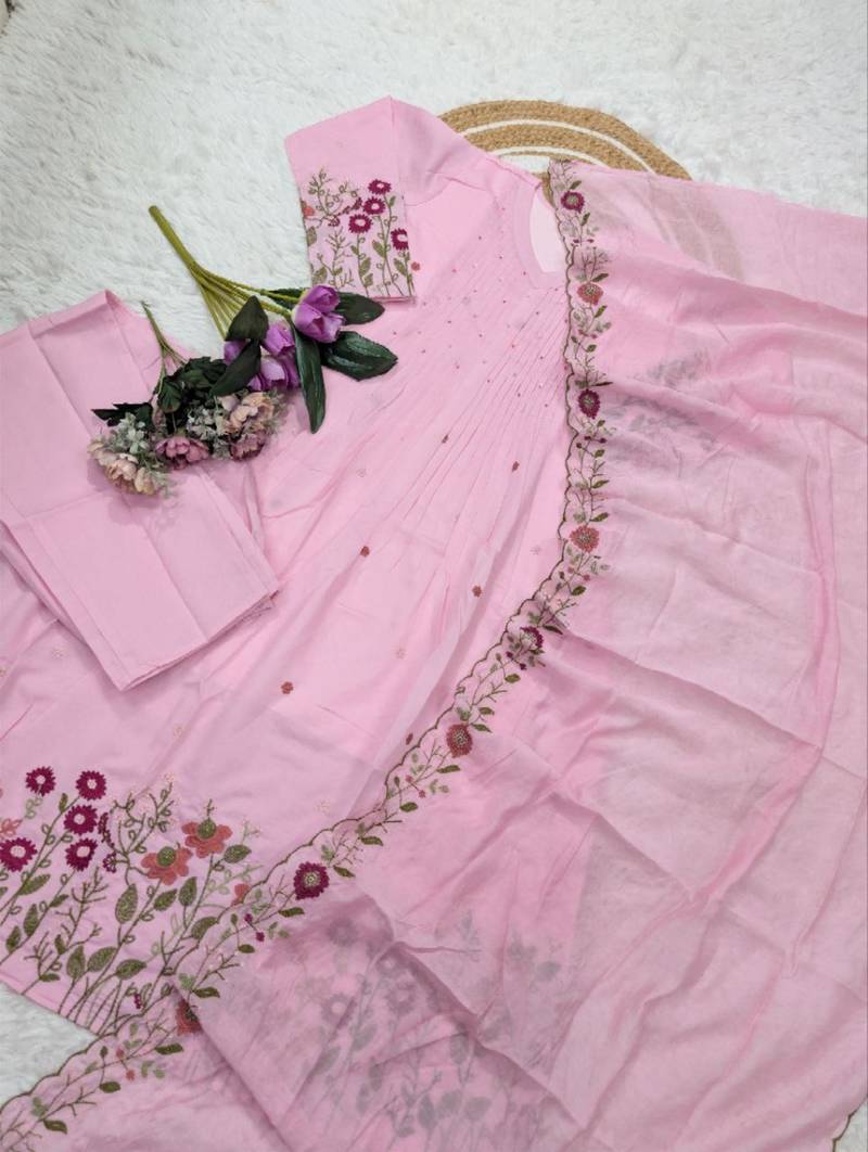 pink chanderi silk embroidered kurta sets