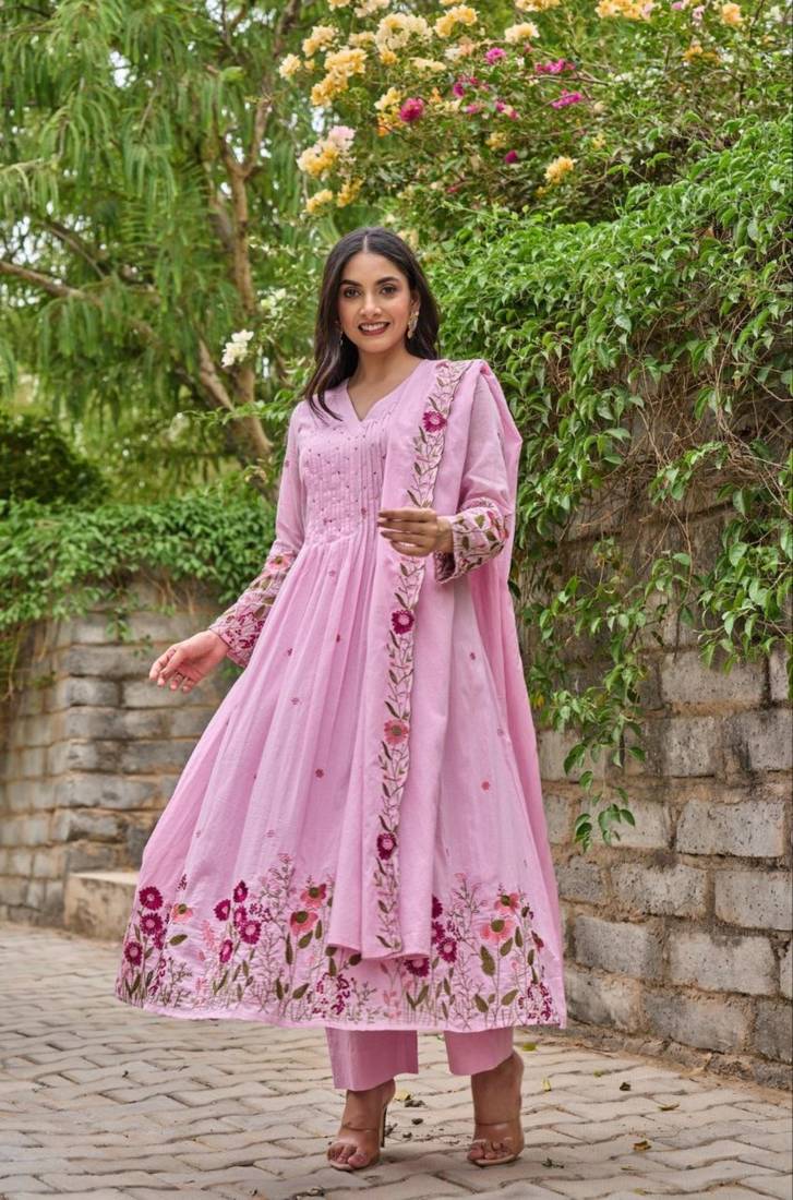 pink chanderi silk embroidered kurta sets