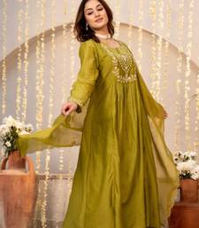 olive chanderi silk embroidered kurta sets