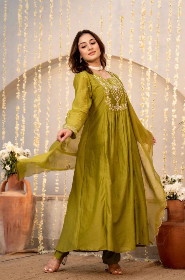 olive chanderi silk embroidered kurta sets