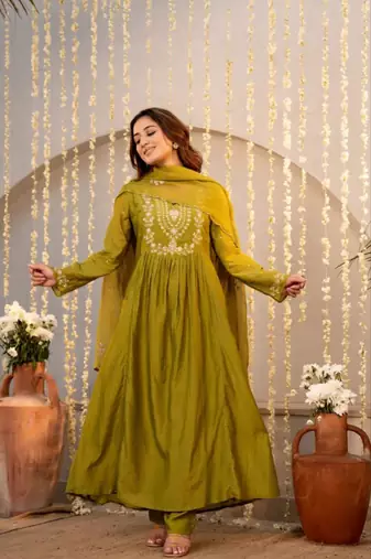 olive chanderi silk embroidered kurta sets