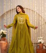 olive chanderi silk embroidered kurta sets