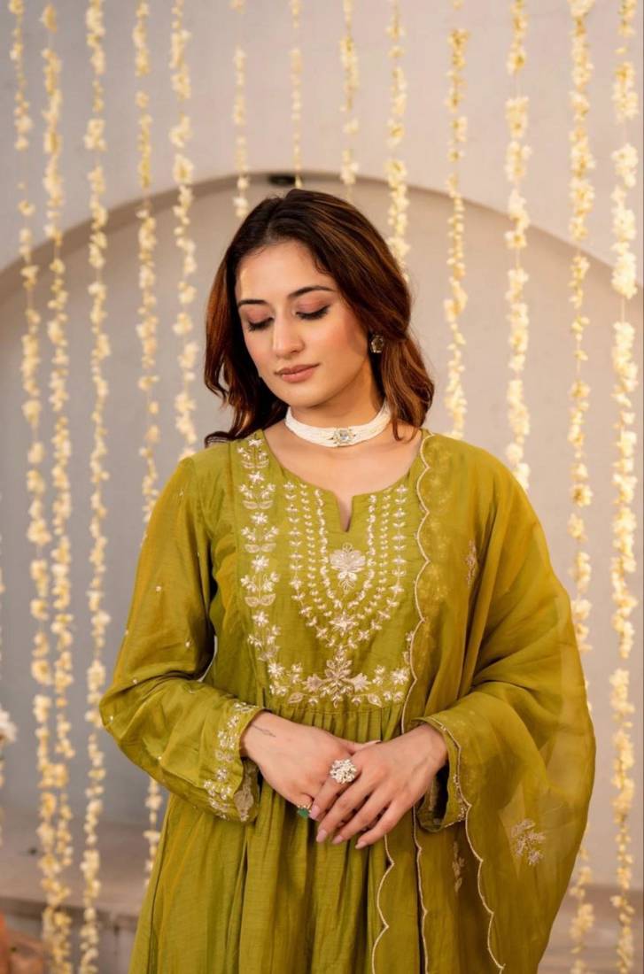 olive chanderi silk embroidered kurta sets