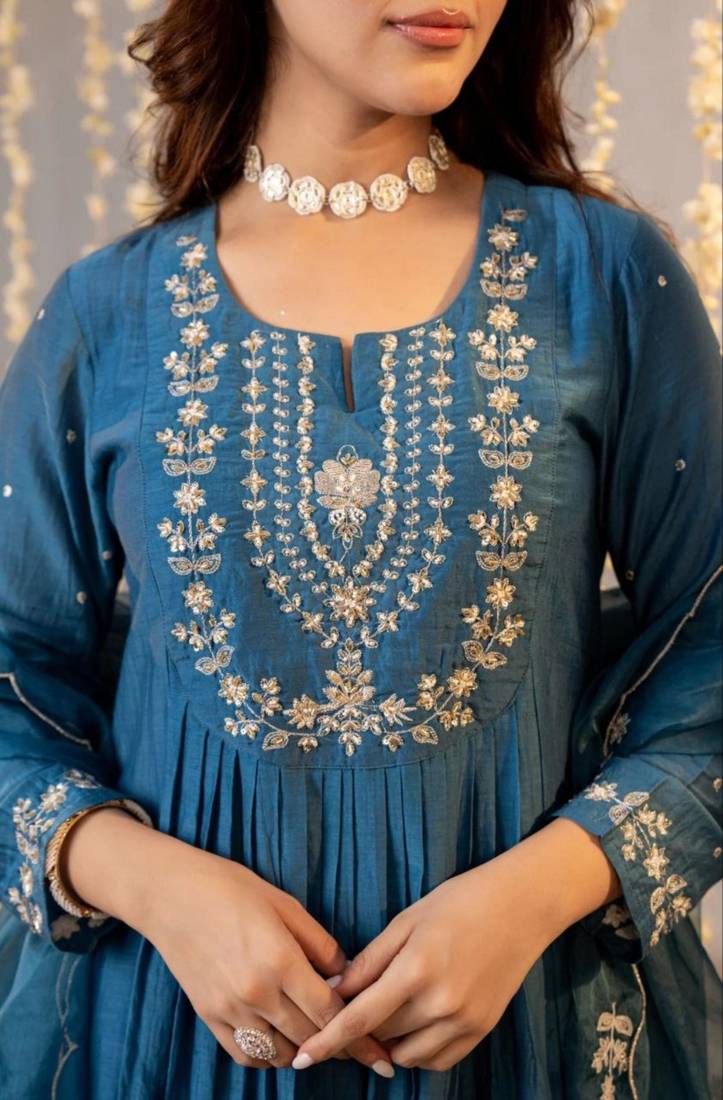 navy blue chanderi silk embroidered kurta sets
