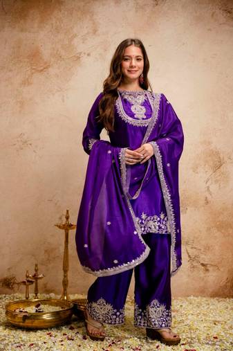 purple silk blend embroidered kurta sets