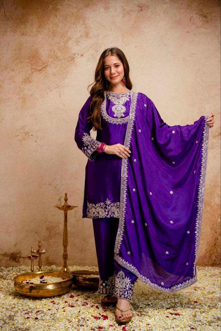 purple silk blend embroidered kurta sets