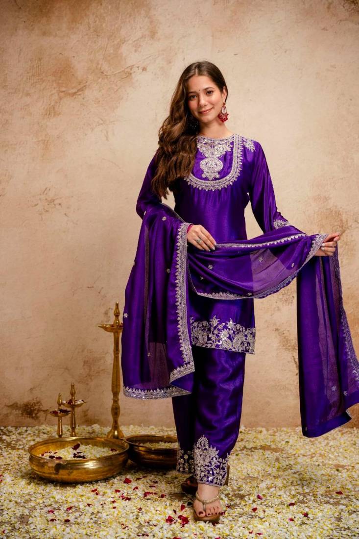 purple silk blend embroidered kurta sets