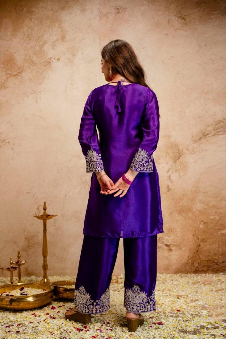 purple silk blend embroidered kurta sets