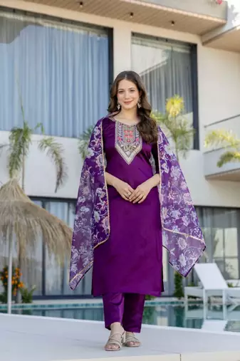 purple silk blend embroidered kurta sets