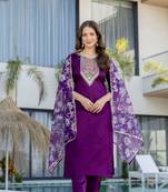 purple silk blend embroidered kurta sets