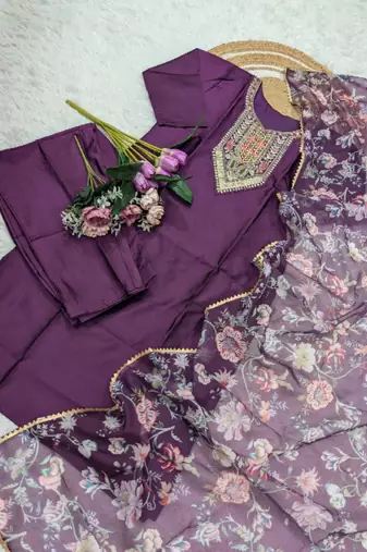 purple silk blend embroidered kurta sets