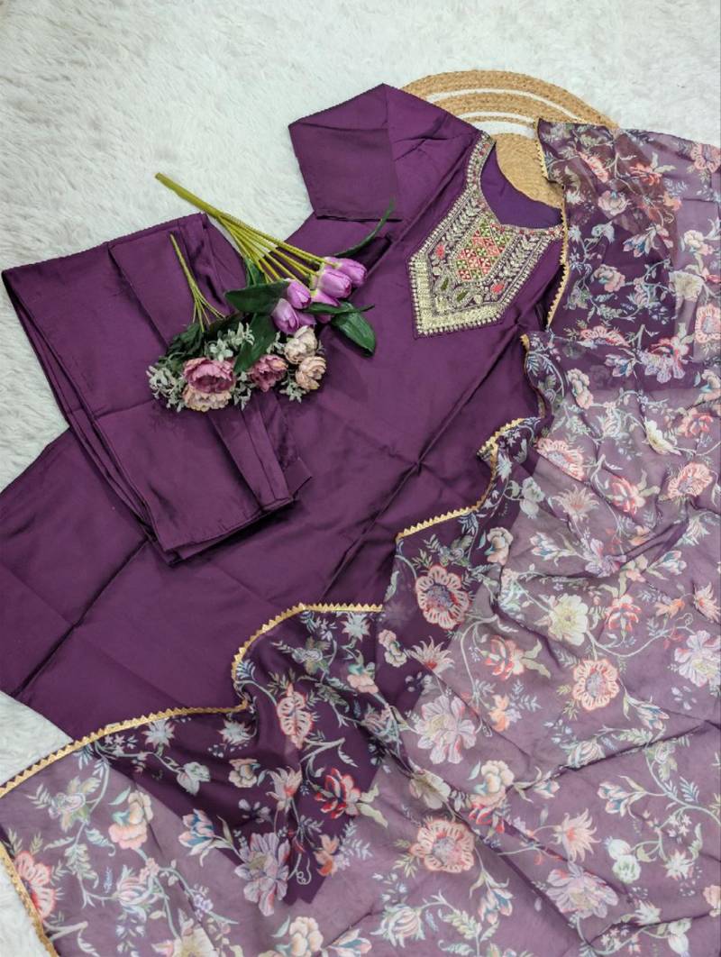 purple silk blend embroidered kurta sets