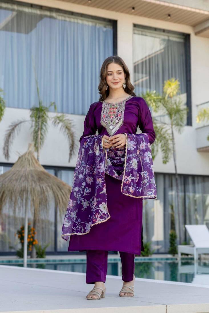 purple silk blend embroidered kurta sets