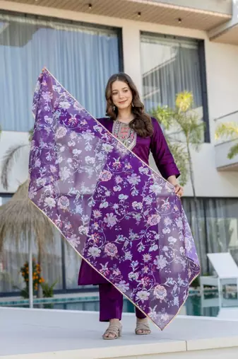purple silk blend embroidered kurta sets